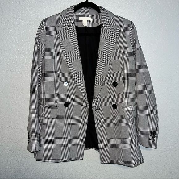 H&M Womens Plaid Double-Breasted Peak Lapels Long Sleeve Coat Blazer Gray Size 8 - Picture 1 of 11